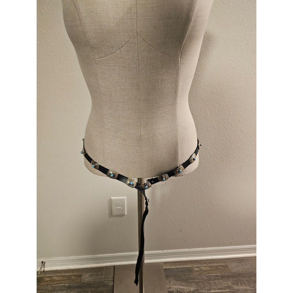 Leather Concho Belt Black Western Turquoise Accents Silver Hardware